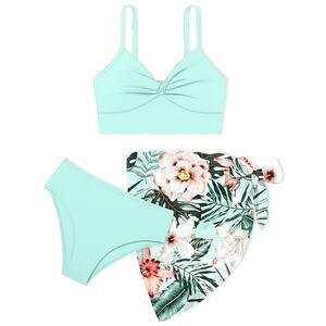 NWT Migu Girls Mint Green Tropical Floral Bikini Swim Bathing Suit Youth 8-10